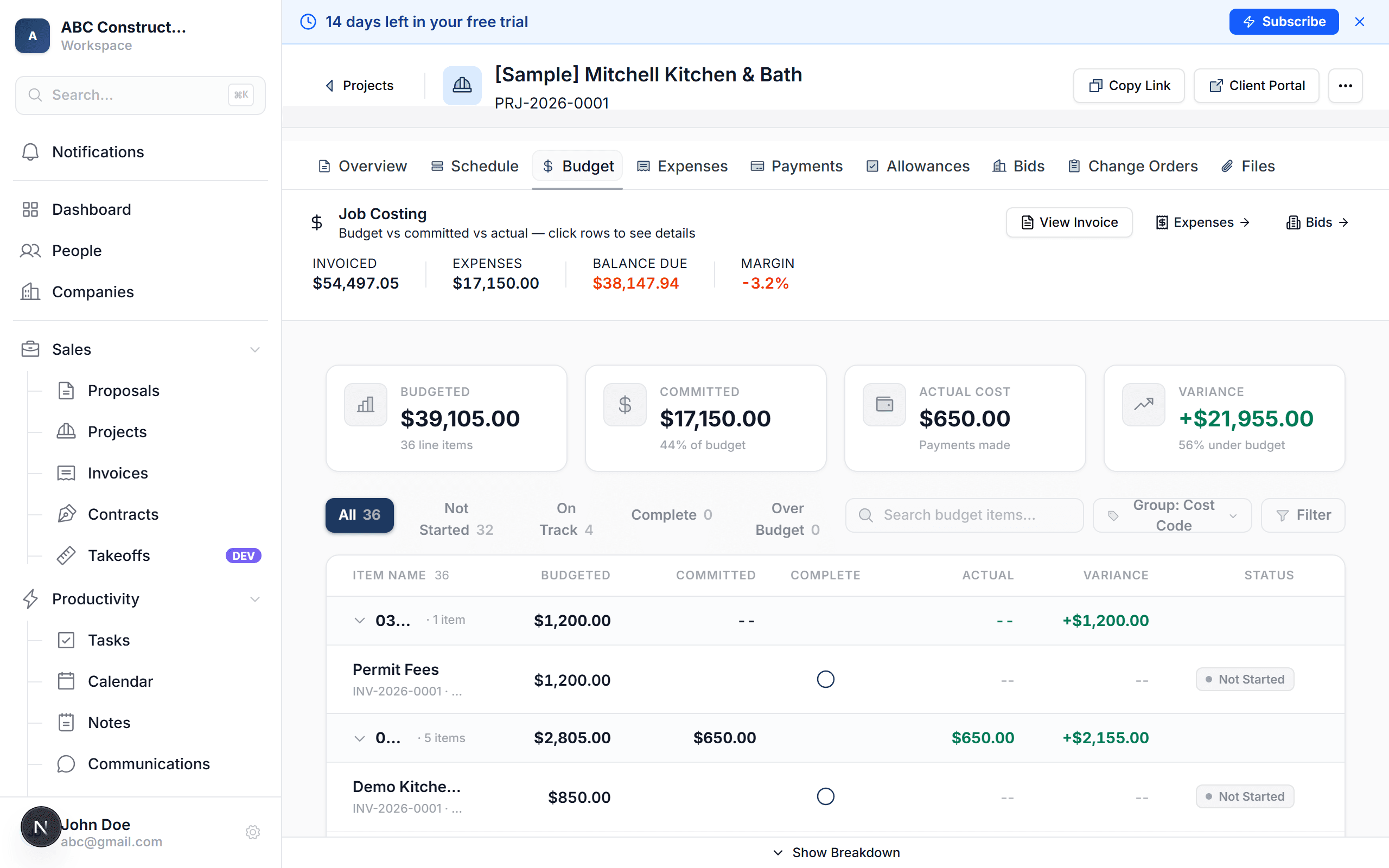 Budget tab with job costing
