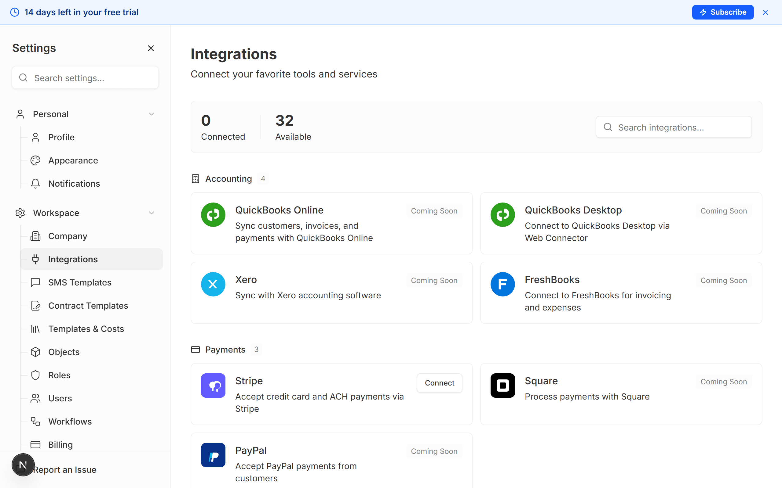Integrations settings page