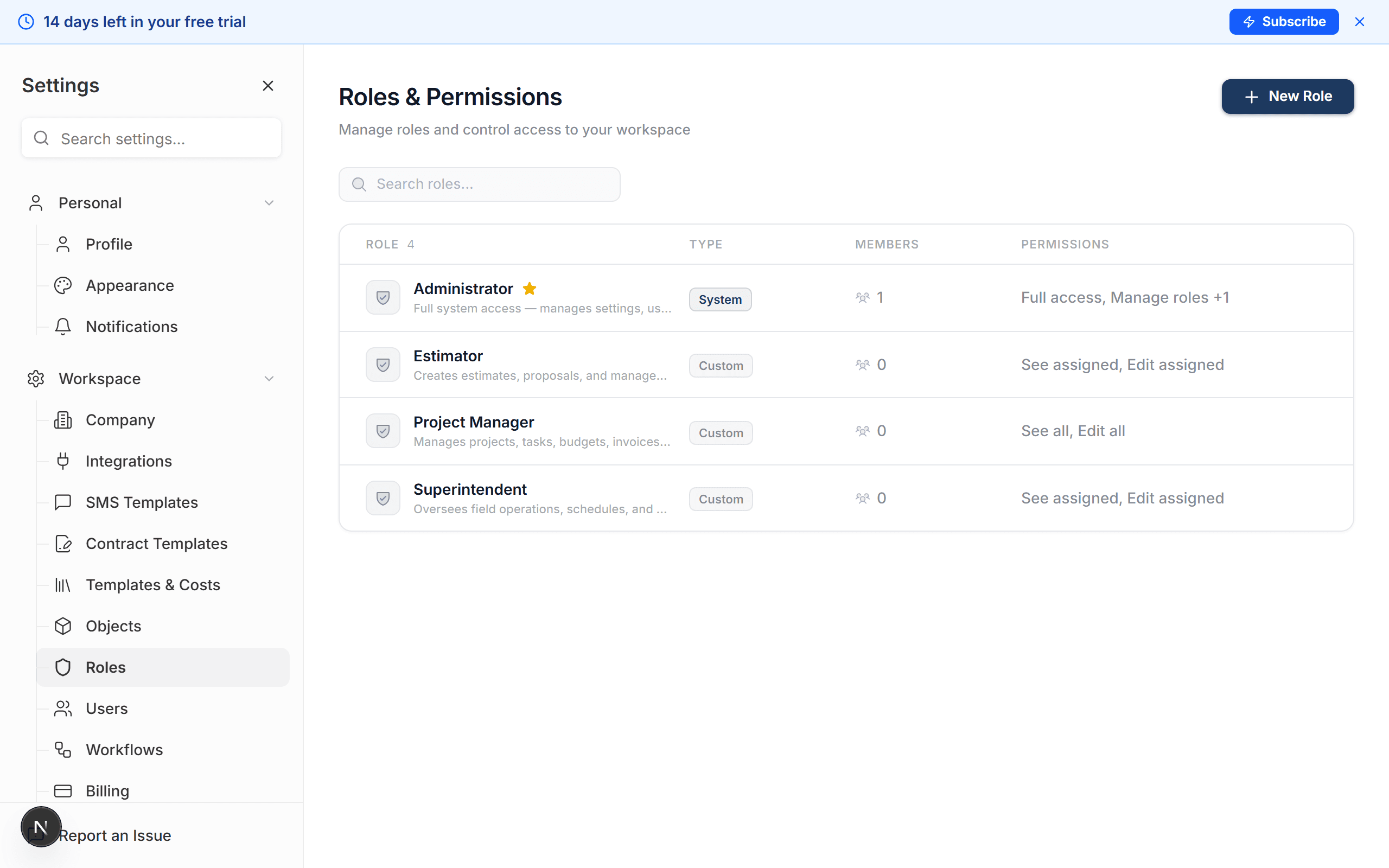 Roles settings page