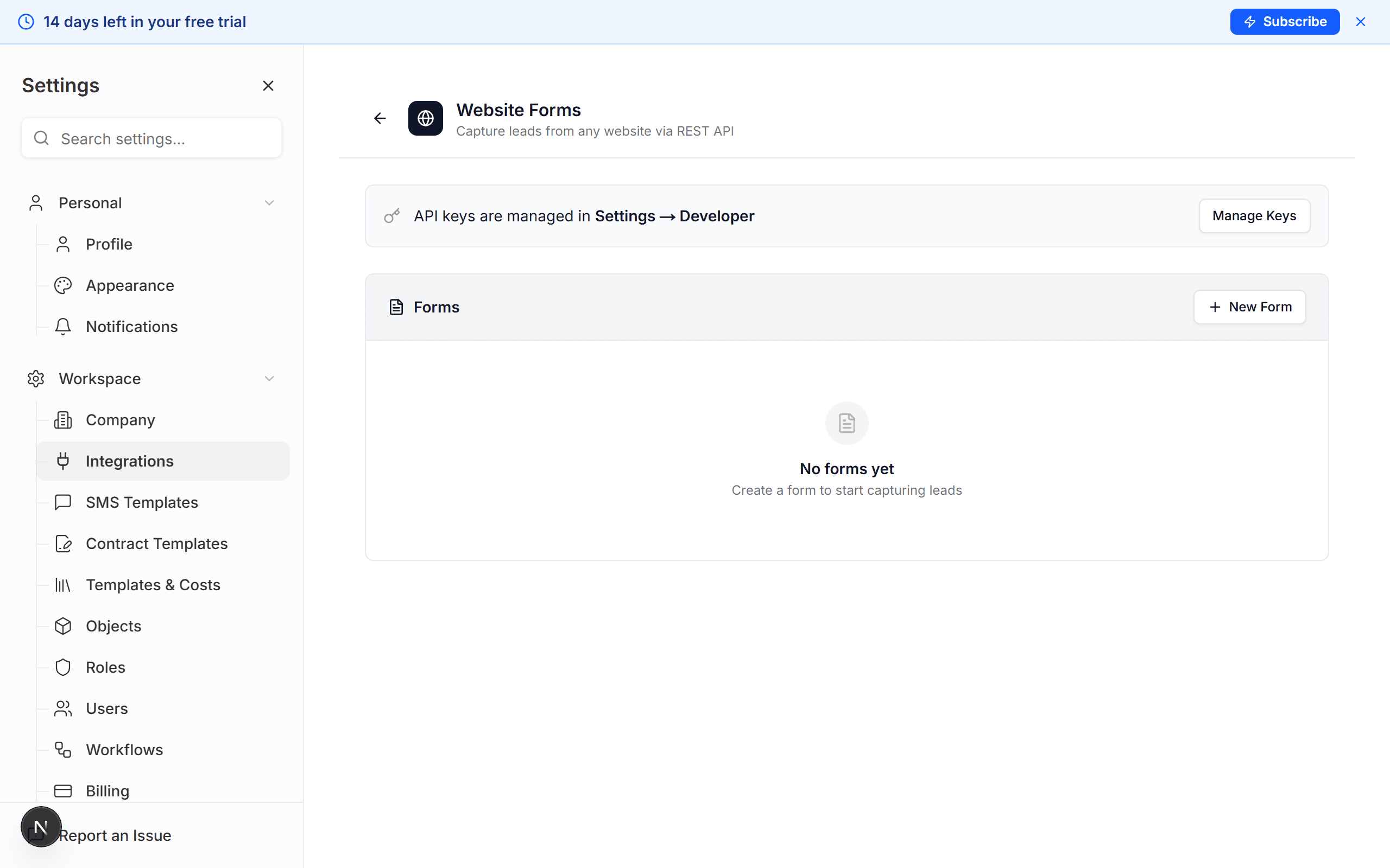 Website Forms settings page
