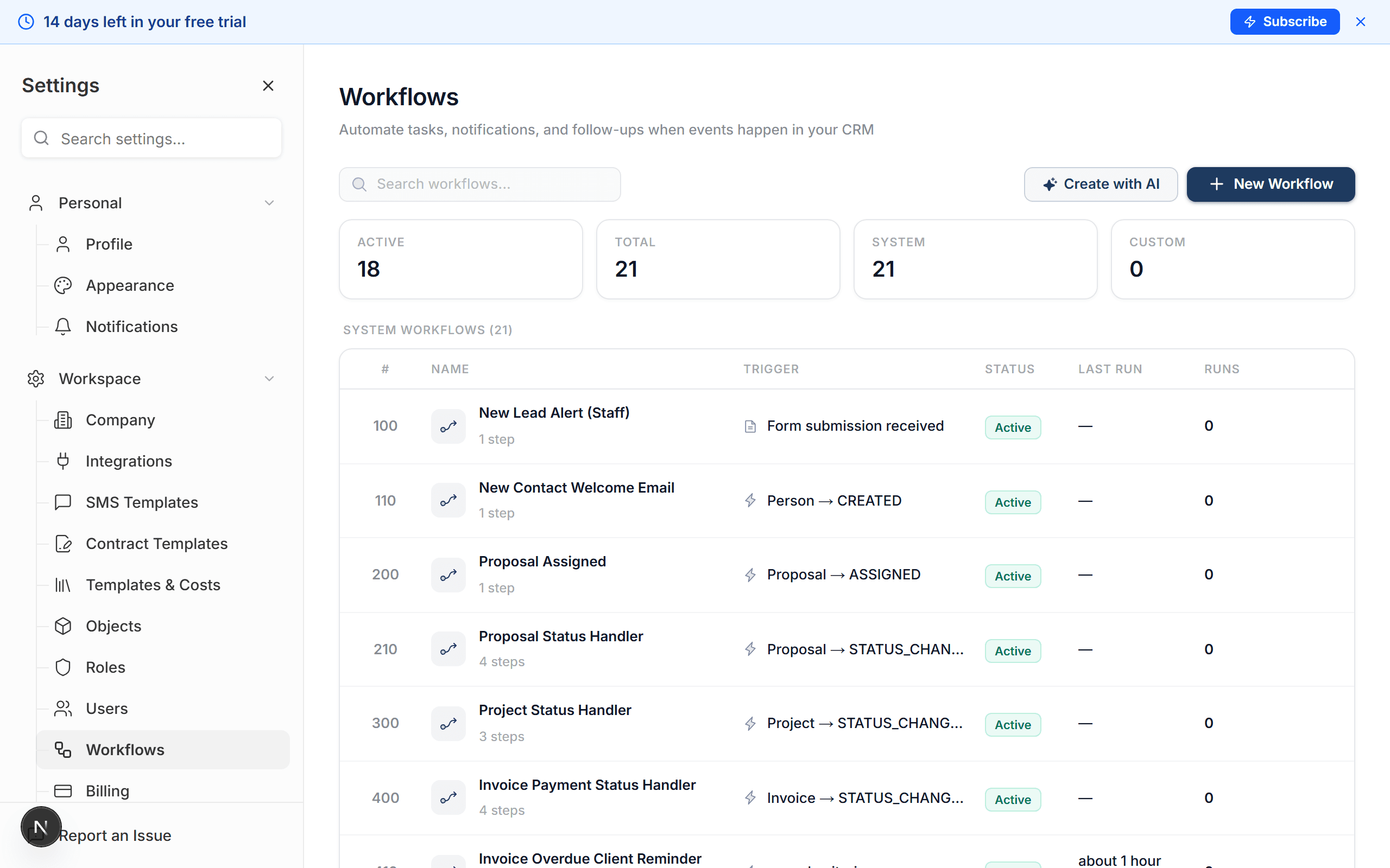 Workflows list