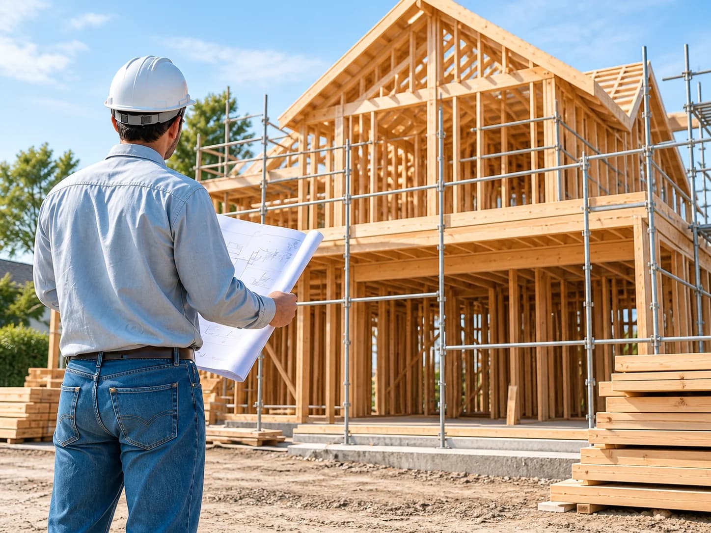 Illustrative contractor reviewing plans beside a timber-framed home