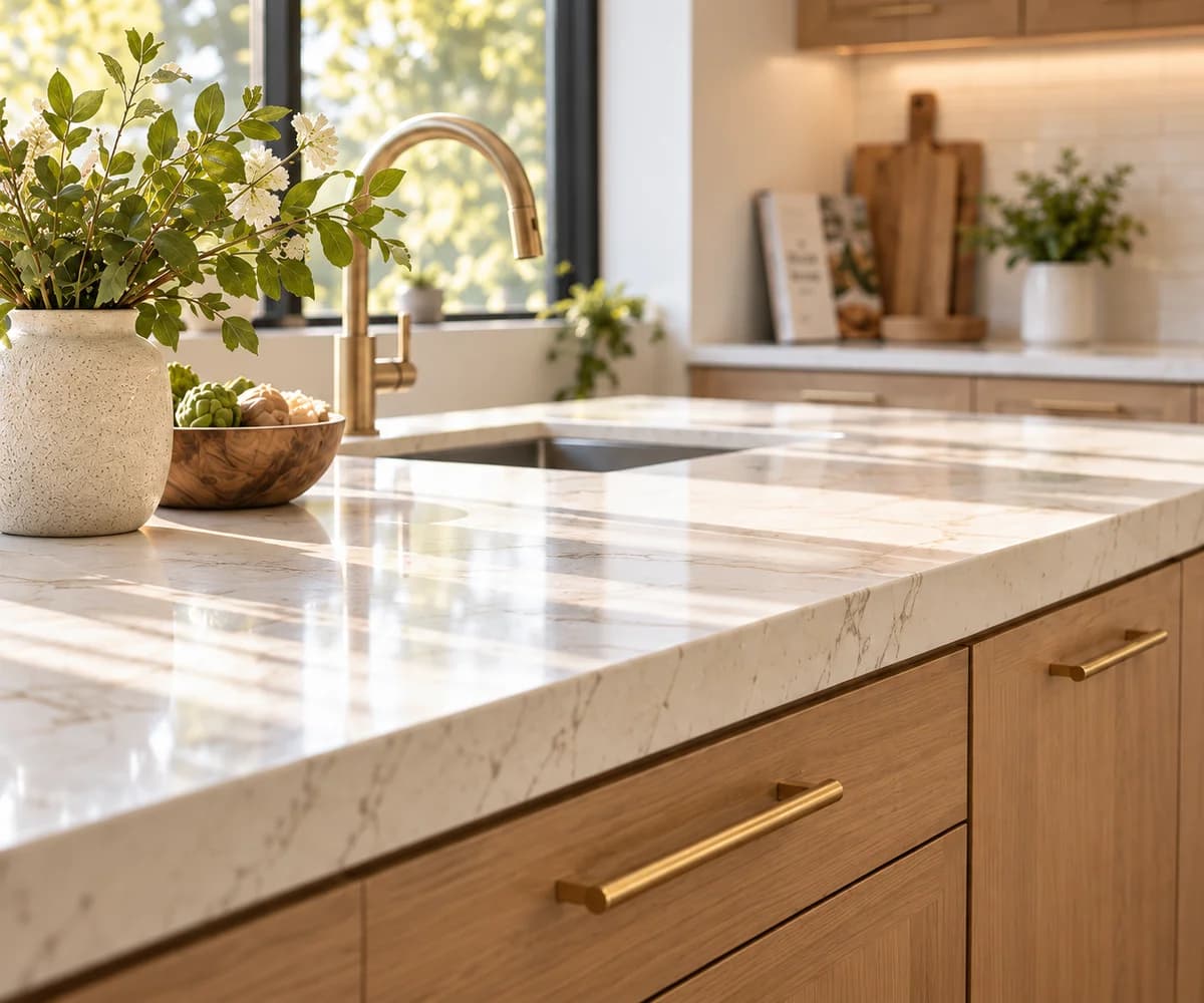 Cream quartz kitchen countertop above oak drawers beside a brass faucet