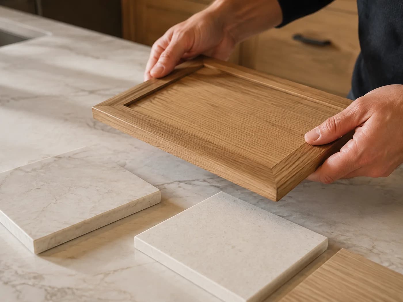 Hands comparing an oak cabinet sample with stone finishes on a kitchen worktop