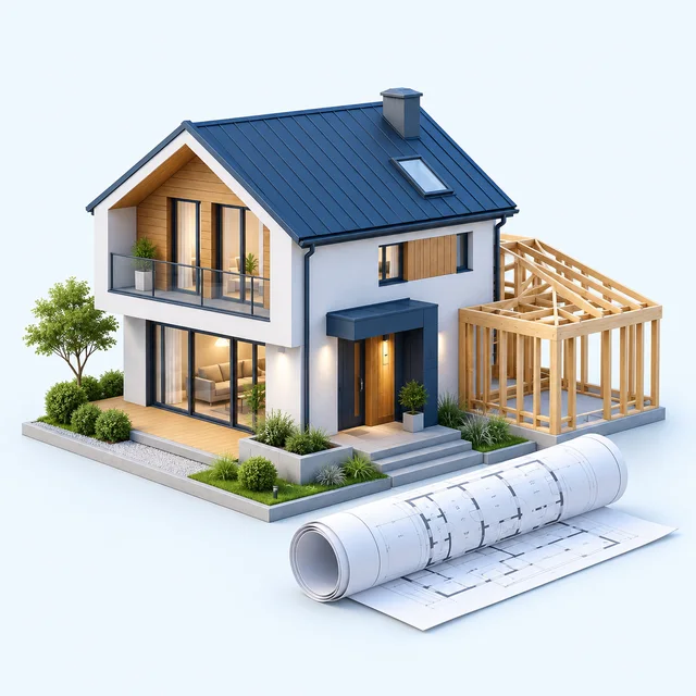 Architectural illustration of a home and timber extension